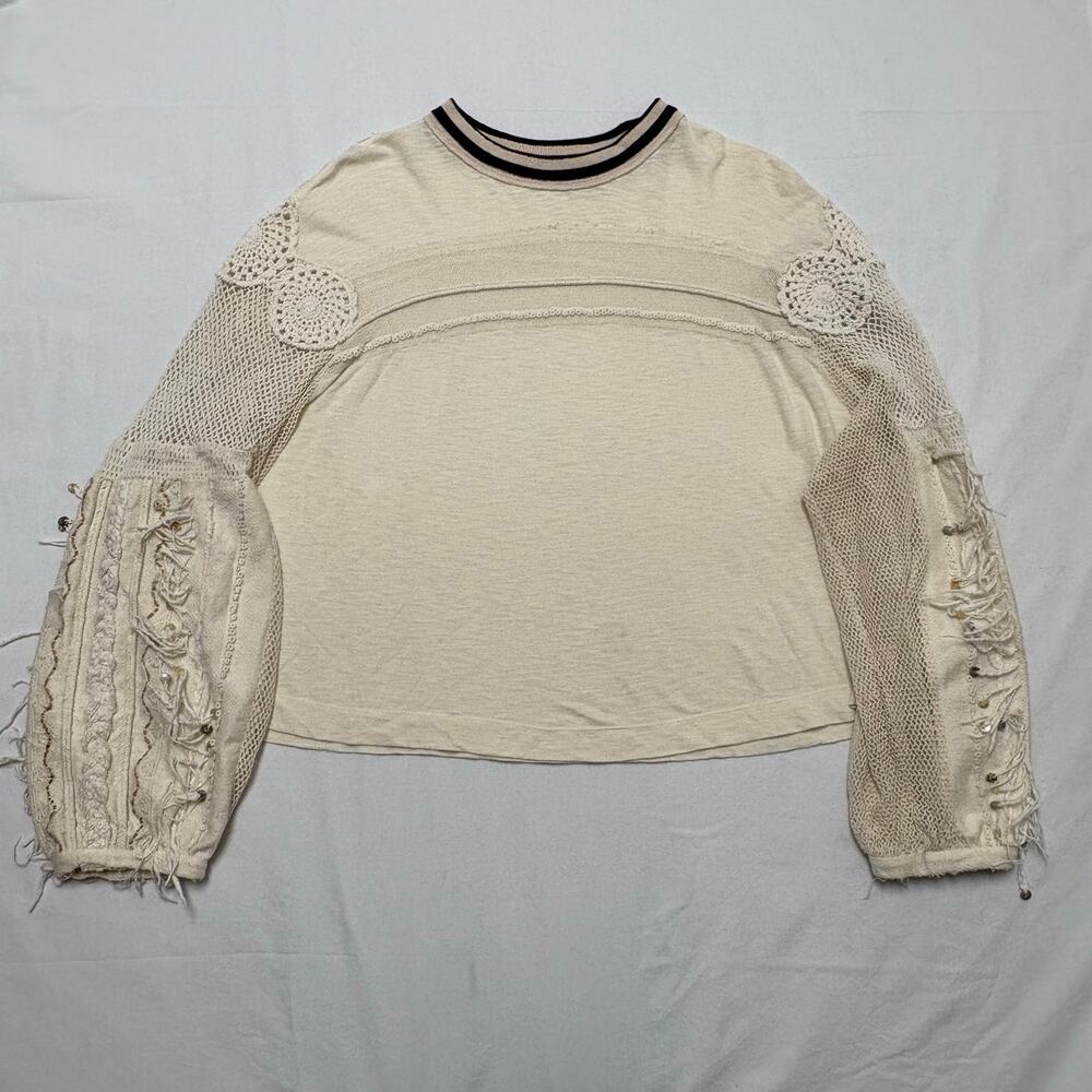 Free People Marakesh Embellished Sleeve Top Ivory Crochet Sequin Boho